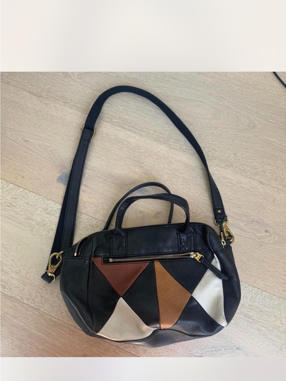 Fossil  Women’s Black Patchwork Leather Crossbody Bag with Brown & Cream Accents